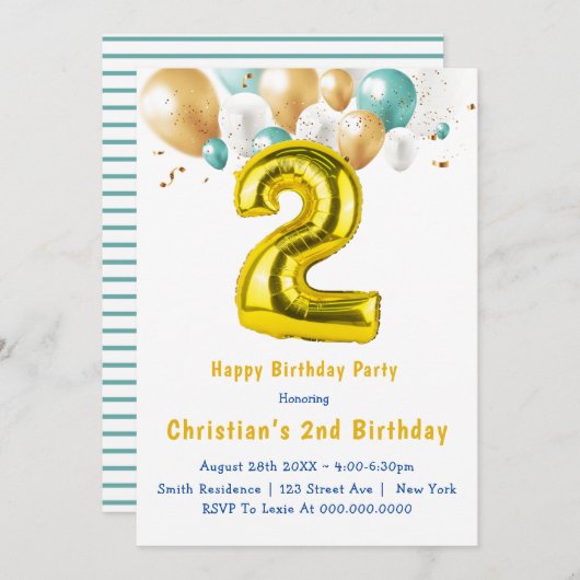 Carte Cartons d'invitation pour 2e anniversaire aux ball (Devant / Derrière)