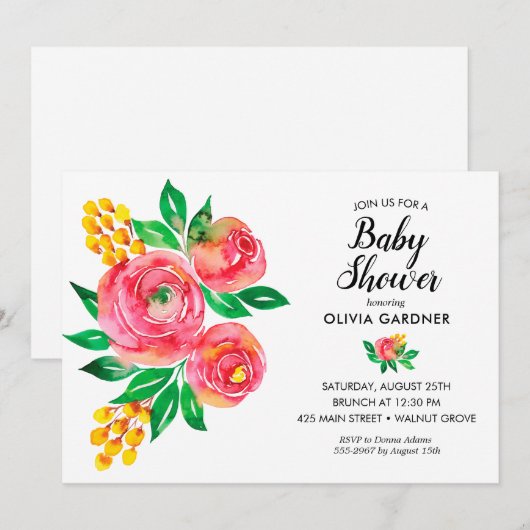 Carte Cartons d'invitation pour Baby Shower Fleurs Aquar (Devant / Derrière)