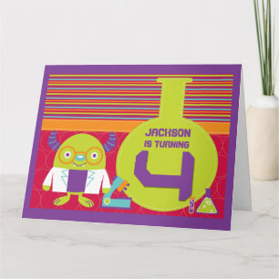 Carte Cartoon coloré Mad Scientist 4e anniversaire