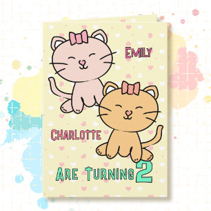 Carte Cartoon de chat mignon pour les 2 ans de jumelles