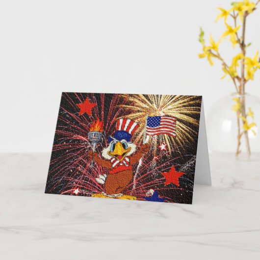 Carte Cartoon Eagle with Flag and Fireworks (Textured) (Fleur jaune)