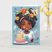 Carte Cartoon fille avec gâteau d'anniversaire (Fleur jaune)