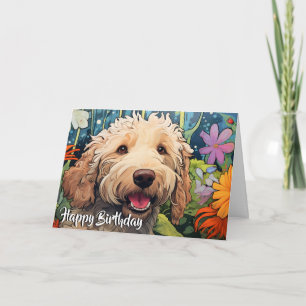 Carte Cartoon Goldendoodle dans un jardin personnalisé