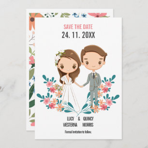 Carte Cartoon mignon Couple floral Enregistrer la date