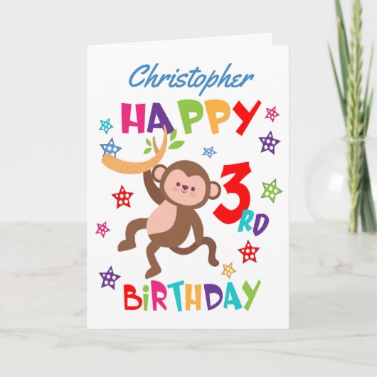 Carte Cartoon personnalisé singe 3e anniversaire (Devant)