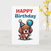 Carte Cartoon Puppy Birthday Card - Modern Cute (Fleur jaune)