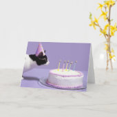 Carte Casquette de port d'anniversaire de chat soufflant (Fleur jaune)