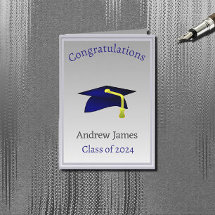 Carte casquette de remise des diplômes bleue en argent -