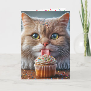 Carte Cat Licking a Birday Cupcake