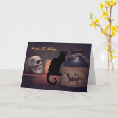 Carte Cat noir effrayant et crâne Halloween Joyeux anniv (Fleur jaune)