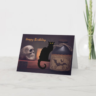 Carte Cat noir effrayant et crâne Halloween Joyeux anniv