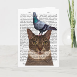 Carte Cat with Pigeon on Head