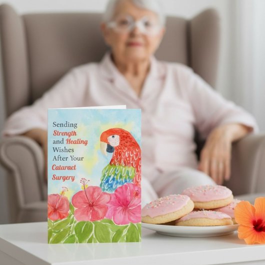 Carte Cataract  Surgery Healing Scarlet Macaws, Hibiscus