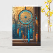 Carte Catcher de rêve orange et bleu dans une fenêtre dé (Fleur jaune)