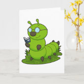 Carte Caterpillar Nerd avec lunettes et livre (Fleur jaune)