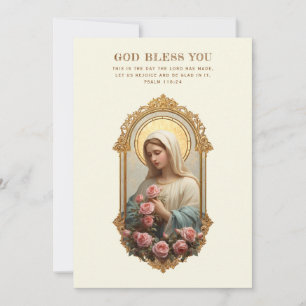 Carte Catholic Mary avec des roses roses Floral Écriture