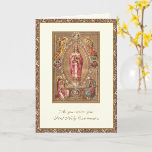 Carte Catholique Première Sainte Communion Jésus Anges (Fleur jaune)