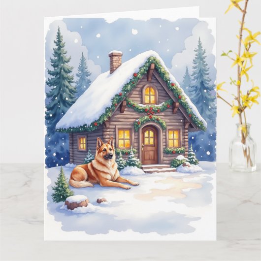 Carte Caucasian Shepherd Dog Mountain Cabin Christmas (Fleur jaune)