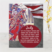 Carte Cavalier de baril personnalisé Cowgirl Bleu Blanc (Fleur jaune)