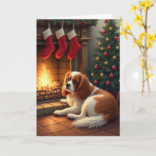 Carte Cavalier King Charles au coin du feu de Noël