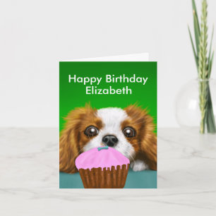 Carte Cavalier King Charles Spaniel avec gâteau d'annive