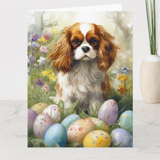 Carte Cavalier King Charles Spaniel avec Oeufs de Pâques (Devant)