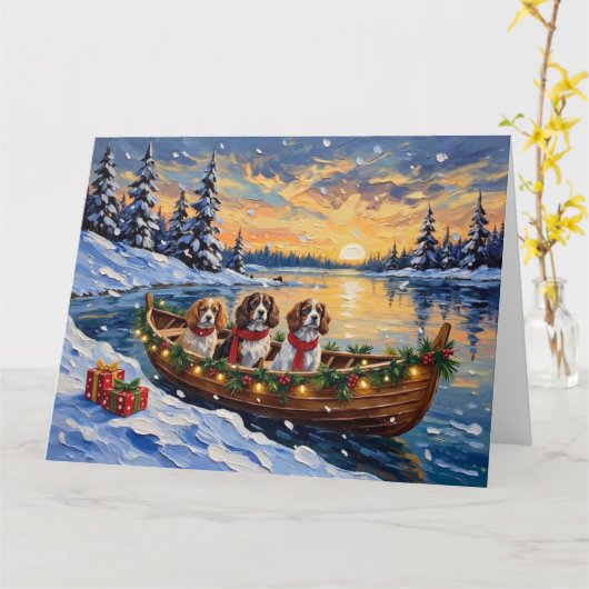 Carte Cavalier King Charles Spaniel Christmas Boat (Fleur jaune)