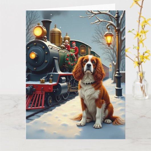 Carte Cavalier King Charles Spaniel Christmas Train (Fleur jaune)