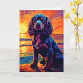 Carte Cavalier King Charles Spaniel Coucher de soleil / (Fleur jaune)
