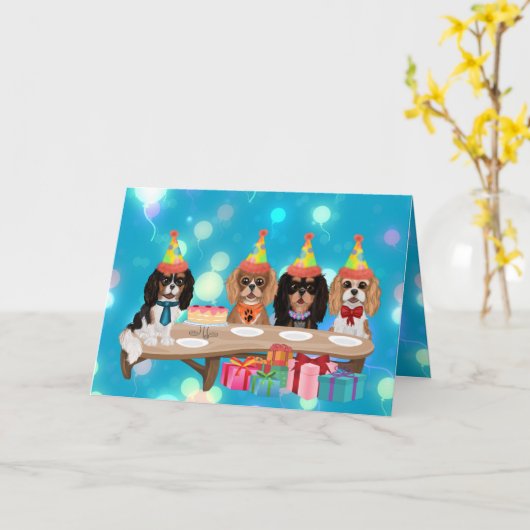 Carte Cavalier King Charles Spaniel de fête d'anniversai (Fleur jaune)