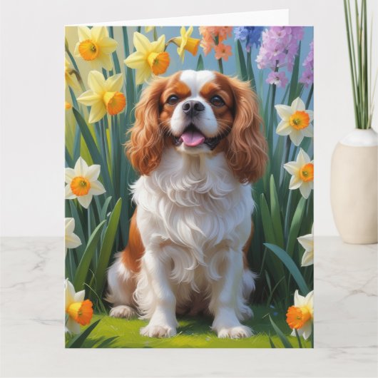 Carte Cavalier King Charles Spaniel Fleurs de printemps  (Devant)