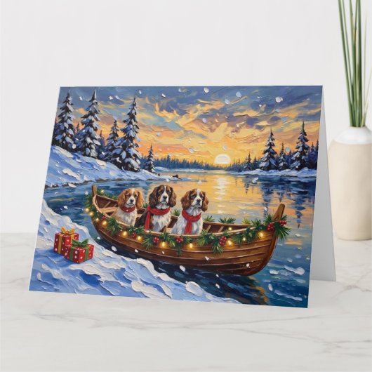 Carte Cavalier King Charles Spaniel Noël Bateau (Devant)