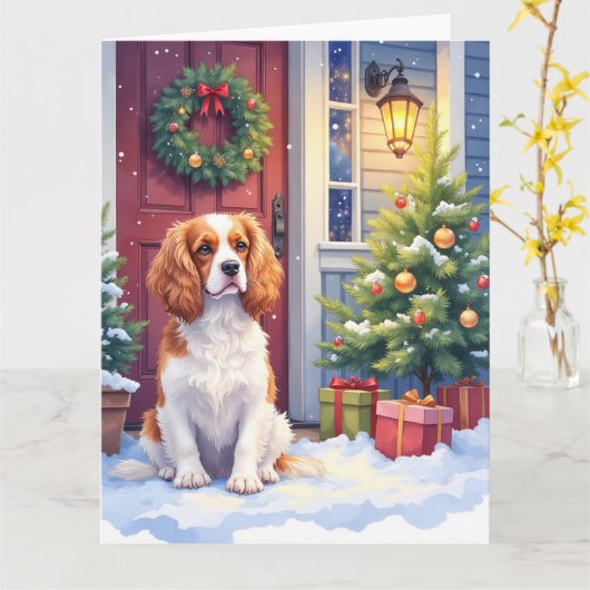 Carte Cavalier King Charles Spaniel Noël enneigé (Fleur jaune)