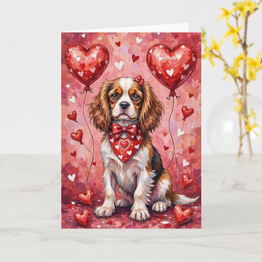 Carte Cavalier King Charles Spaniel Saint-Valentin (Fleur jaune)