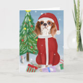 Carte Cavalier King chien dans la neige avec des cadeaux (Devant)