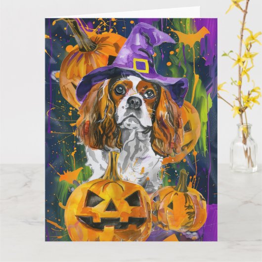 Carte Cavalier King Chien Halloween Sorcière Et Citrouil (Fleur jaune)