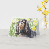Carte Cavalier Peint King Charles Spaniel Voiture de voe (Fleur jaune)