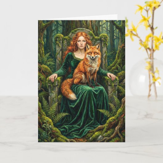 Carte Celtic Forest Queen Red Fox Witch Fantasy Art ( (Fleur jaune)