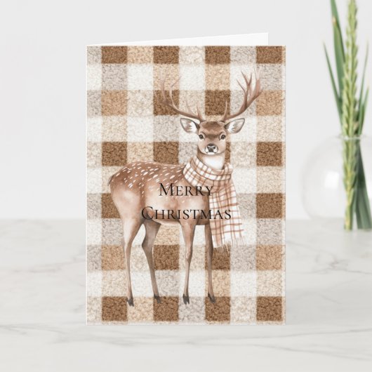 Carte Cerf à carreaux marron crème rustique de Noël (Devant)
