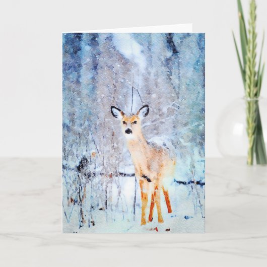 Carte Cerf blanc en Aquarelle de neige peint noir (Devant)