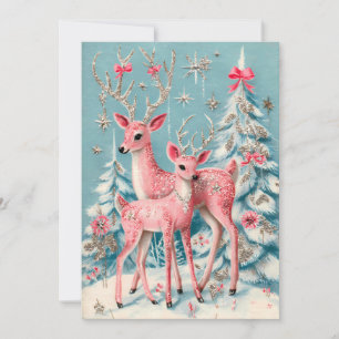 Carte Cerf Coquette Rose Noël Vintage 