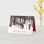 Carte cerf dans la neige et maison d'oiseaux rouge avec  (Fleur jaune)
