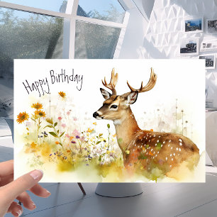 Carte Cerf dans la prairie aux fleurs - Aquarelle Annive