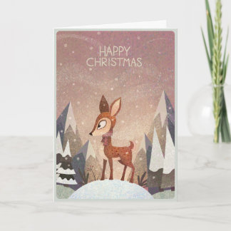 Carte Cerf de fête. Noël dans le bois profond et enneigé
