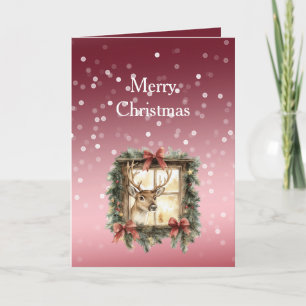 Carte Cerf de Noël à points bokeh rouges et blancs dans