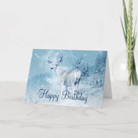 Carte Cerf d'hiver aux pins Joyeux anniversaire (Devant)