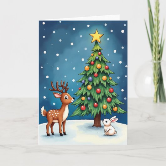 Carte Cerf Lapin Noël enneigé (Devant)