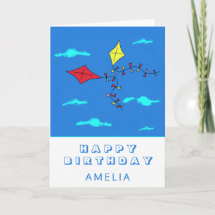 Carte Cerfs-volants mignons rouge jaune avec nom anniver