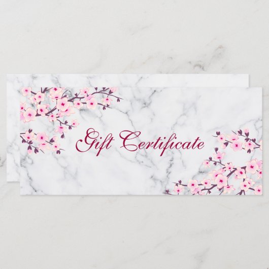 Carte Cerisier Fleurs rose Gris Marbre Certificat cadeau (Devant / Derrière)