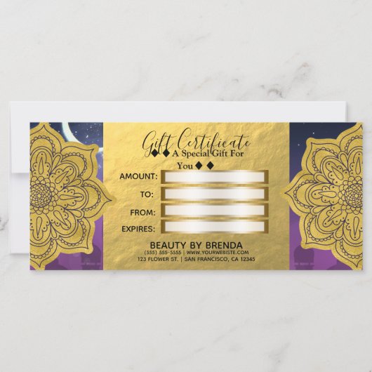 Carte Certificat cadeau à thème marocain arabe (Dos)